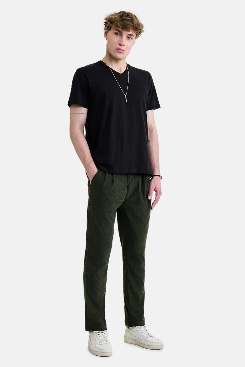 سنيتش Dark Green Ribbed Regular Fit Casual Trousers