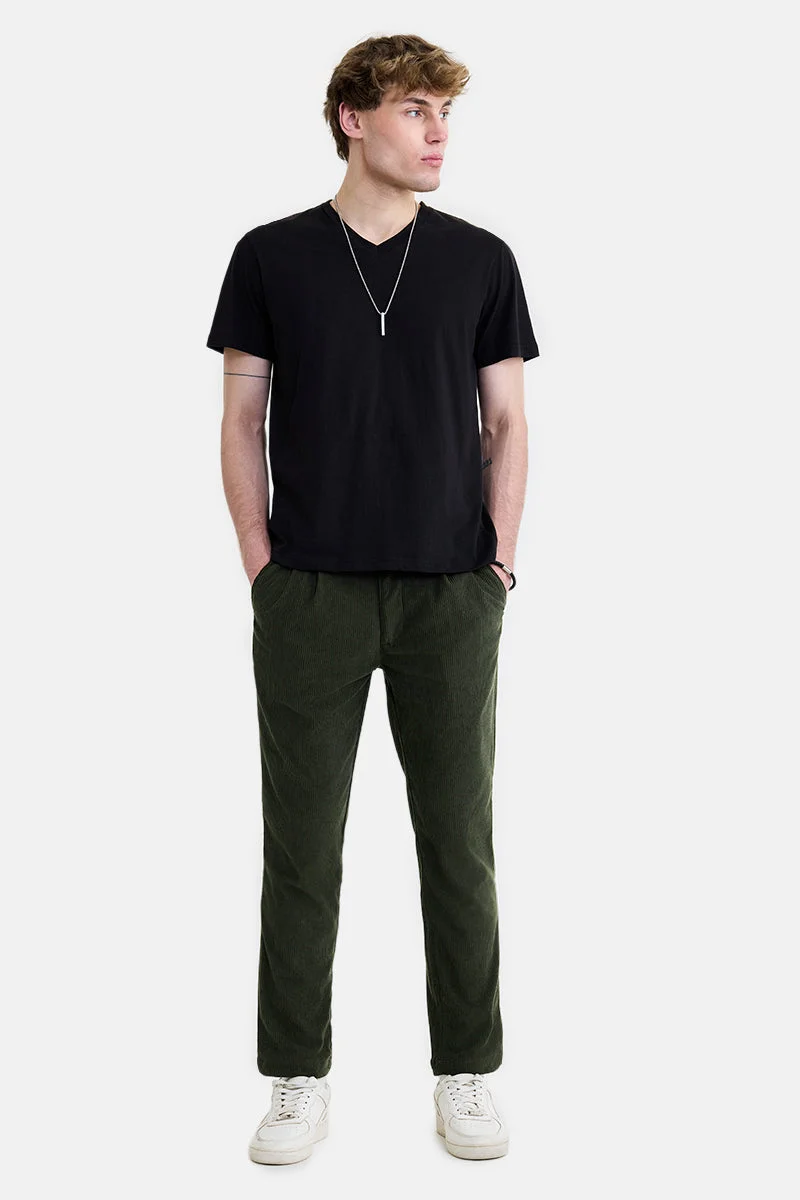 سنيتش Dark Green Ribbed Regular Fit Casual Trousers