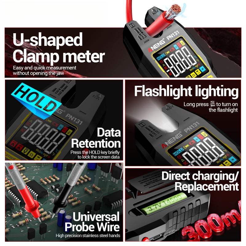 PN131 Clamp Meter Multimeter, Rechargeable 4000 Counts Digital Clamp Multimeter, Auto-Ranging AC/DC Voltage & Current Tester, True RMS, NCV Function, USB-C Charging - Image 3
