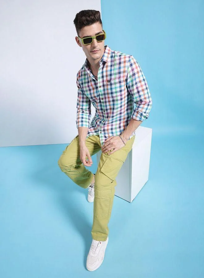 The Indian Garage Co Men Slim Fit Checkered Full Sleeves Cutaway Collar Casual Shirt