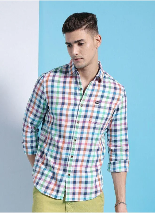 شركة المرآب الهندية Men Slim Fit Checkered Full Sleeves Cutaway Collar Casual Shirt