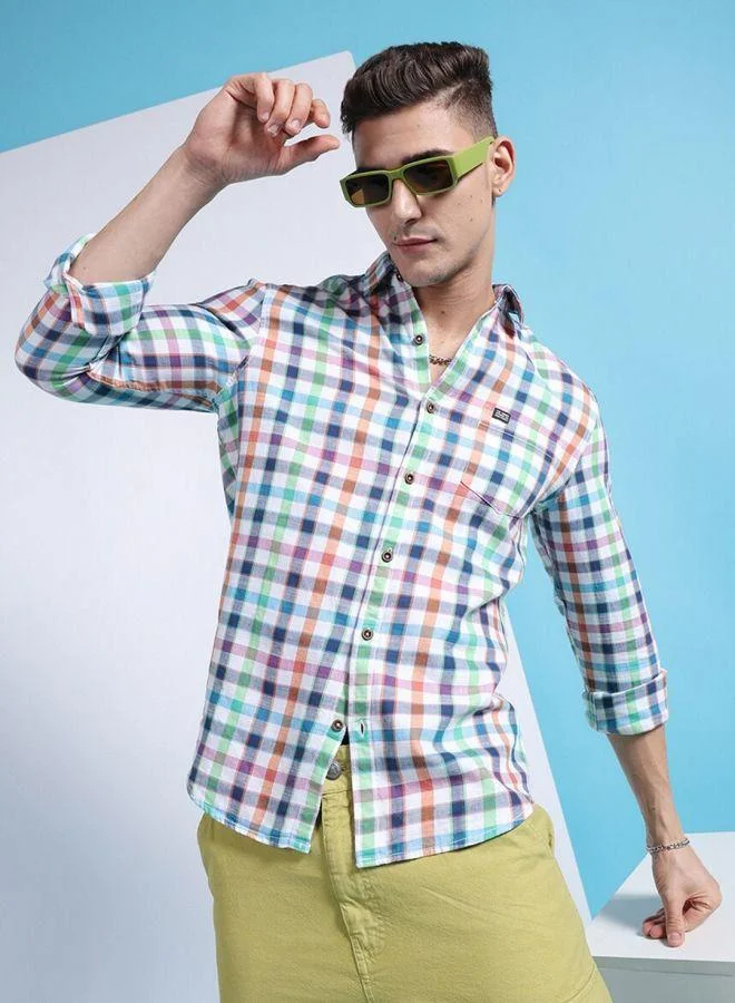 The Indian Garage Co Men Slim Fit Checkered Full Sleeves Cutaway Collar Casual Shirt