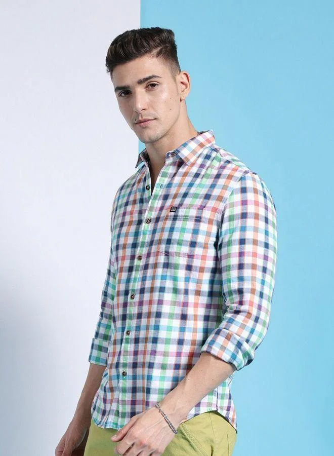 The Indian Garage Co Men Slim Fit Checkered Full Sleeves Cutaway Collar Casual Shirt