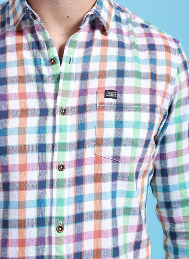 The Indian Garage Co Men Slim Fit Checkered Full Sleeves Cutaway Collar Casual Shirt