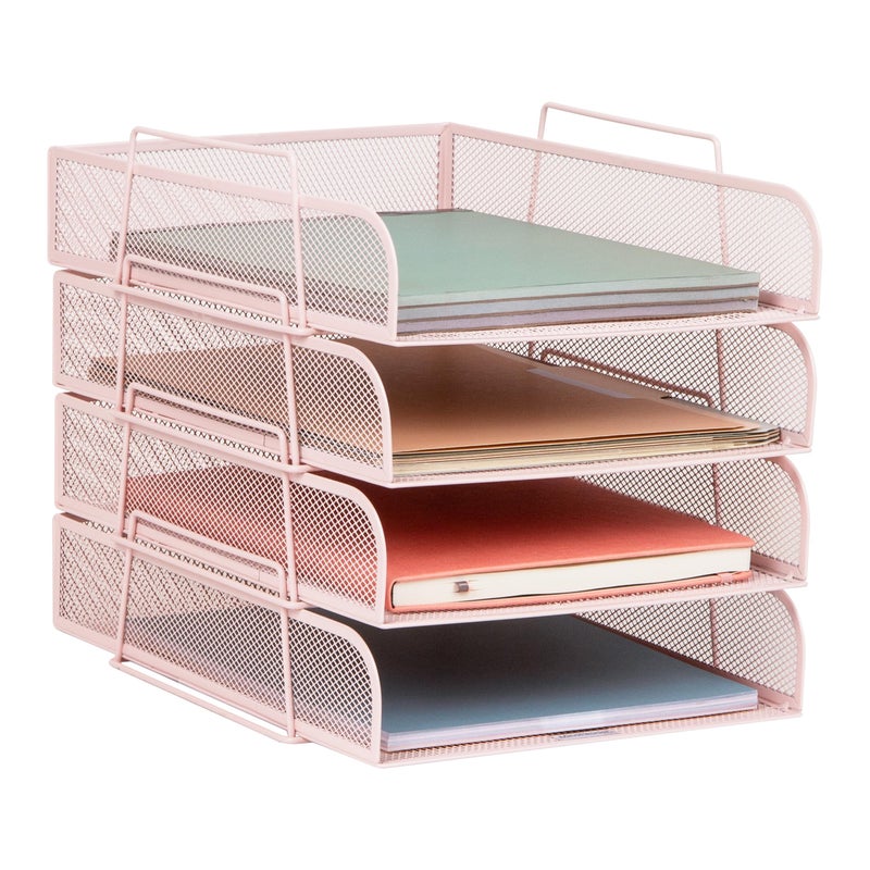 Mind Reader Stackable Paper Tray, Desktop Organizer, File Storage, Office, Metal Mesh, 10.5" L x 13.5" W x 11.25" H, 4 Pcs., Pink - Image 1