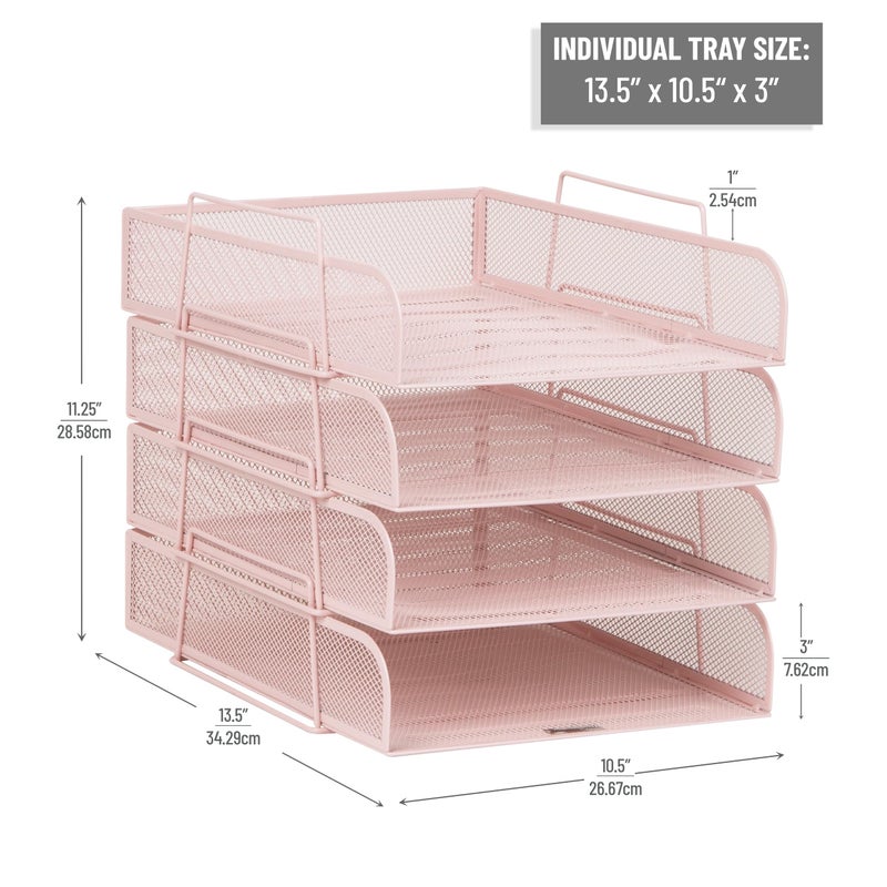 Mind Reader Stackable Paper Tray, Desktop Organizer, File Storage, Office, Metal Mesh, 10.5" L x 13.5" W x 11.25" H, 4 Pcs., Pink - Image 3