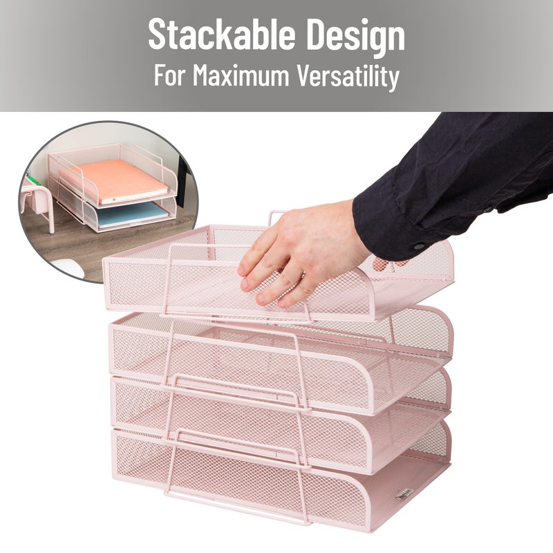 Mind Reader Stackable Paper Tray, Desktop Organizer, File Storage, Office, Metal Mesh, 10.5" L x 13.5" W x 11.25" H, 4 Pcs., Pink - Image 4