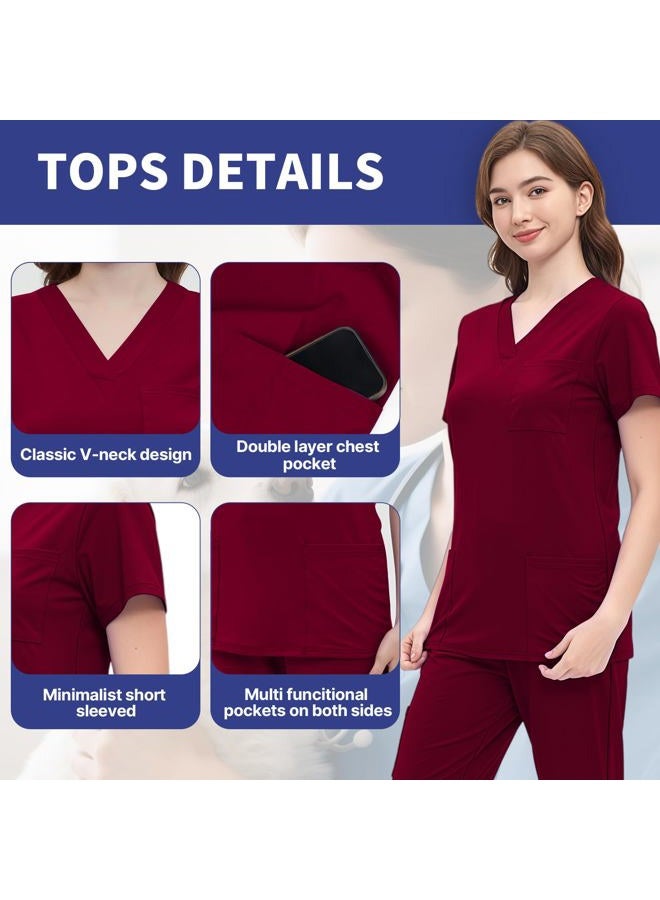 ROMASA Scrubs Set for Women,Soft and Stretchy Nurse Uniform V-Neck Top and Jogger Pants with Multi Pocket Nurse Workwear (Burgundy, Small) - Image 4
