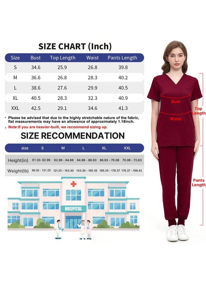 ROMASA Scrubs Set for Women,Soft and Stretchy Nurse Uniform V-Neck Top and Jogger Pants with Multi Pocket Nurse Workwear (Burgundy, Small) - Image 2
