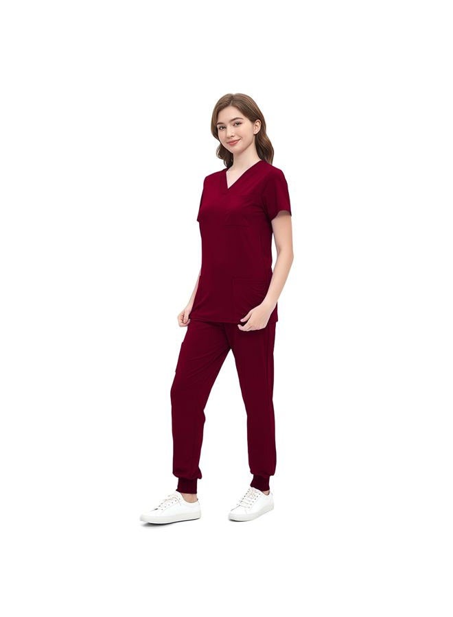 ROMASA Scrubs Set for Women,Soft and Stretchy Nurse Uniform V-Neck Top and Jogger Pants with Multi Pocket Nurse Workwear (Burgundy, Small) - Image 1