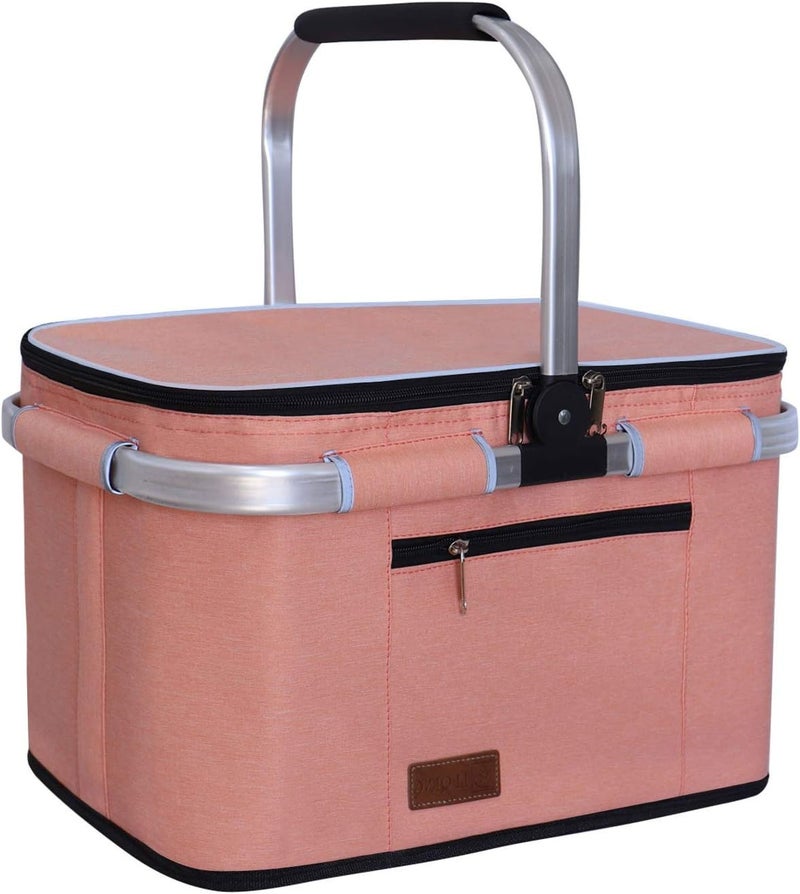LIQING 35L Large Picnic Basket 2 Layers of Internal Pockets Leak-Proof and Insulated ，Folding with Internal Support for enhansed Stability, Wedding Gifts for Couple(Salmon Color) - Image 1