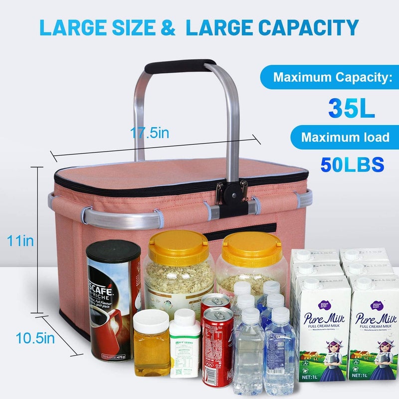 LIQING 35L Large Picnic Basket 2 Layers of Internal Pockets Leak-Proof and Insulated ，Folding with Internal Support for enhansed Stability, Wedding Gifts for Couple(Salmon Color) - Image 2