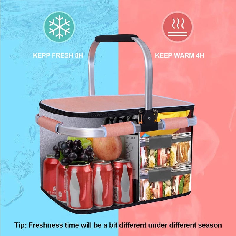 LIQING 35L Large Picnic Basket 2 Layers of Internal Pockets Leak-Proof and Insulated ，Folding with Internal Support for enhansed Stability, Wedding Gifts for Couple(Salmon Color) - Image 4