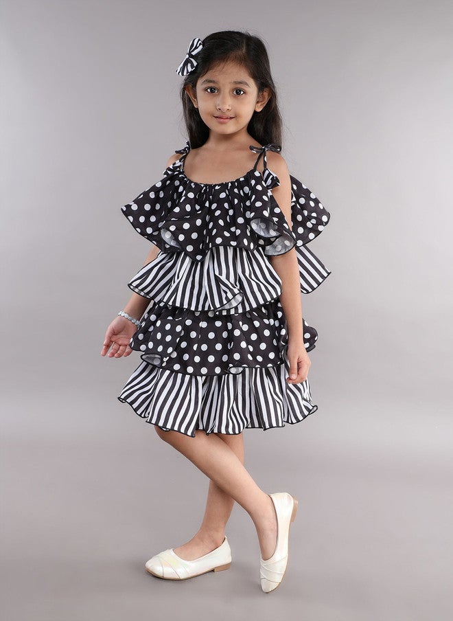 PinkChick فستان A-line مزخرف بنقاط سوداء وخطوط للفتيات - Image 4