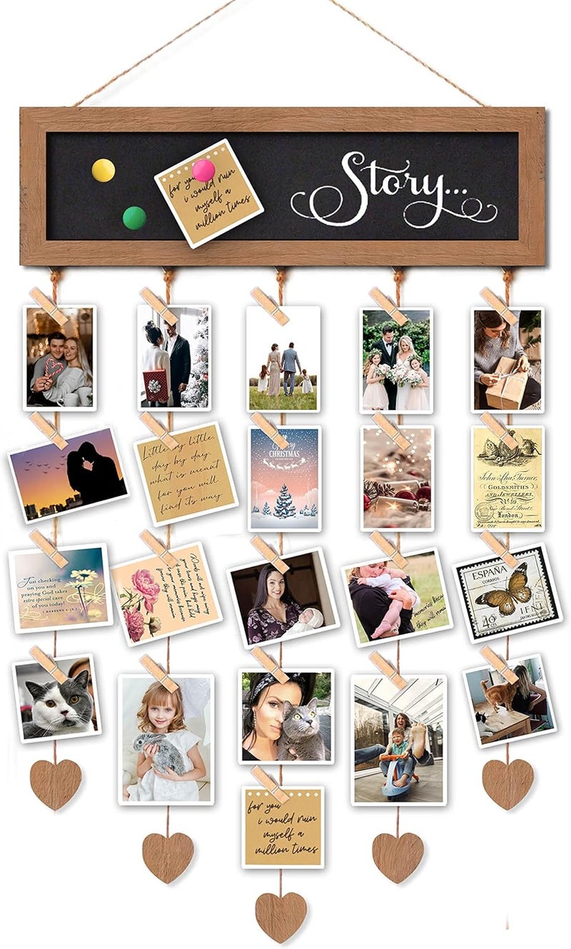 EXQUIDECA Picture Frames Collage Display Board with 30 Clips - Multi Photos Cards Organizer with Adjustable Twines and Magnetic Blackboard - DIY Wall Decor Hanging Picture Holder 15.7x5 Inches - Image 1