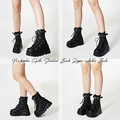 mikarka Holographic Platform Boots for Women, Lace Up Ankle Studded Buckle Goth Stacked Wedge Combat Ankle Booties - Image 2