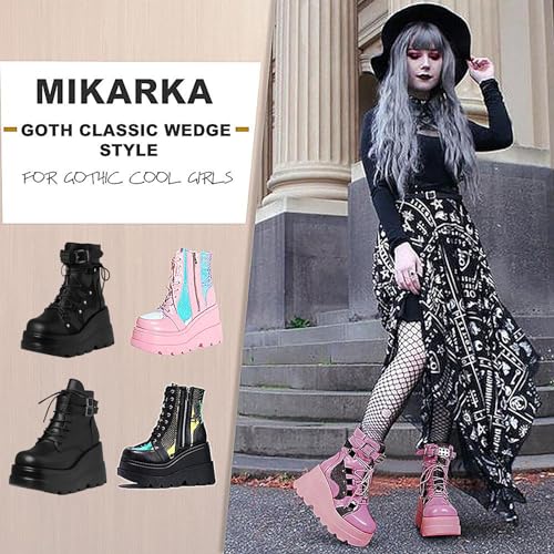 mikarka Holographic Platform Boots for Women, Lace Up Ankle Studded Buckle Goth Stacked Wedge Combat Ankle Booties - Image 5