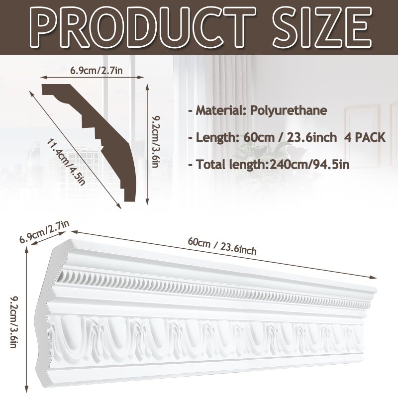 Marsui 4 Pcs Ceiling Crown Molding Trim 4-1/2 Inch Face x 94.5 in Long Total Decorative Ceiling Crown Moulding Trim Installed with Glue (Not Included) Luxe Style Decor(Elegant Style) - Image 2