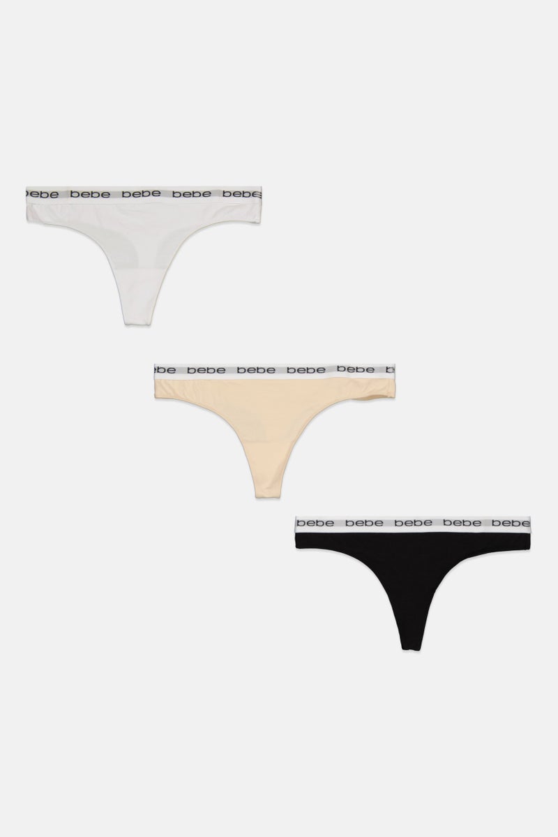 bebe Women 3 Pieces Brand Logo Thong Panties, Black - Image 1