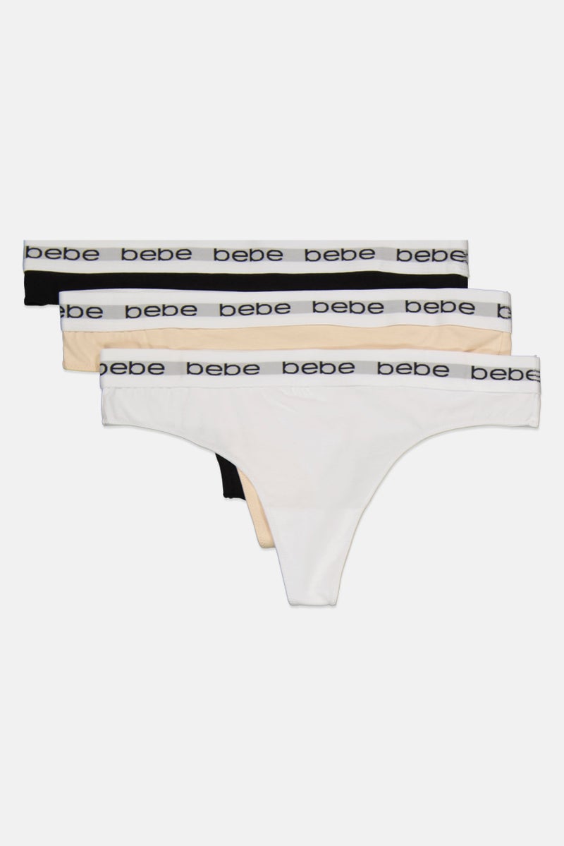 bebe Women 3 Pieces Brand Logo Thong Panties, Black - Image 3