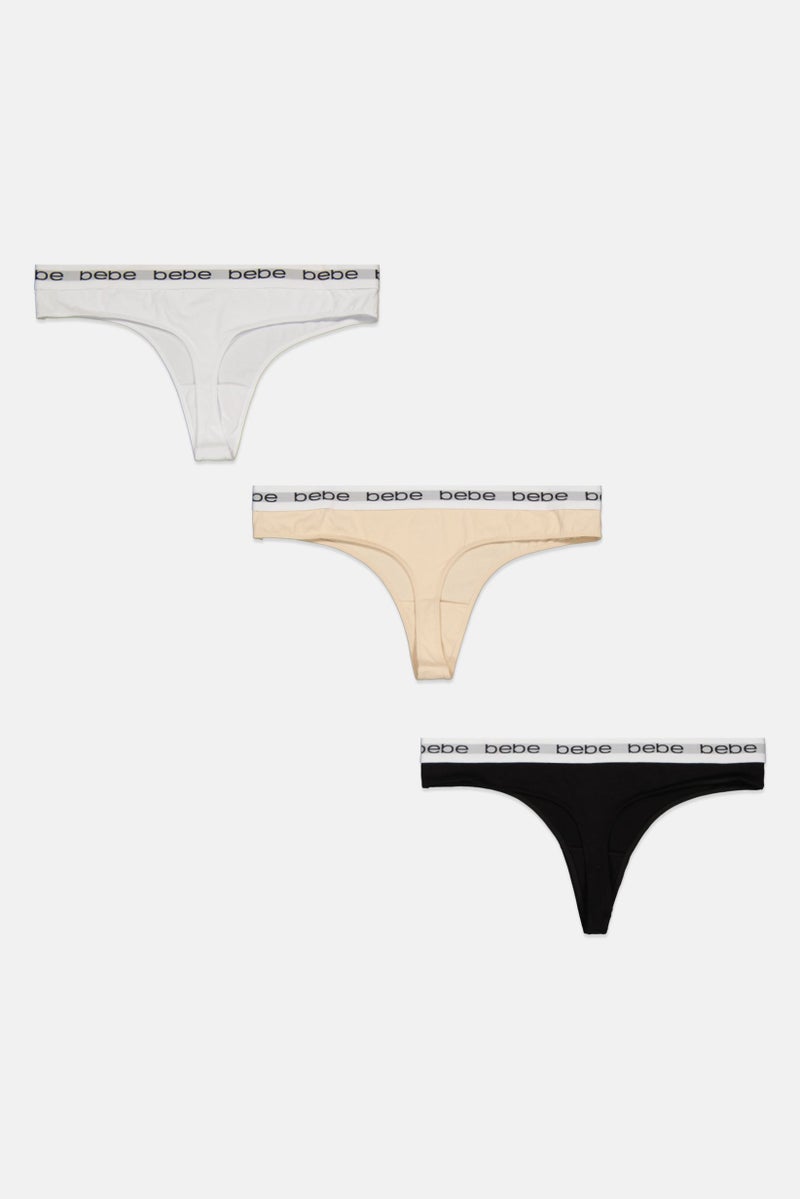 bebe Women 3 Pieces Brand Logo Thong Panties, Black - Image 2
