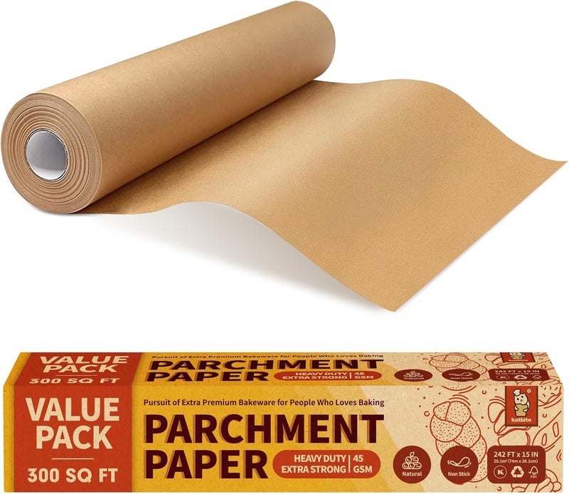 katbite Unbleached Parchment Paper Roll, 15in x 242ft, 300 Sq.Ft, Non-Stick with Serrated Cutter for Baking, Cooking, Air Fryer - Image 1