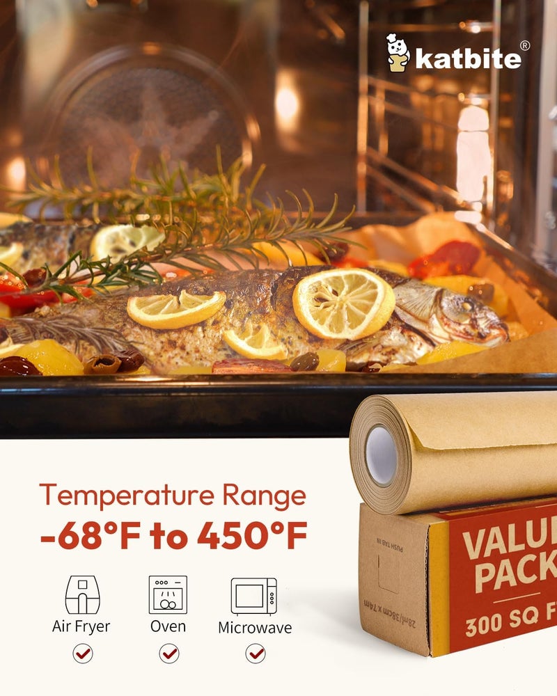 katbite Unbleached Parchment Paper Roll, 15in x 242ft, 300 Sq.Ft, Non-Stick with Serrated Cutter for Baking, Cooking, Air Fryer - Image 5