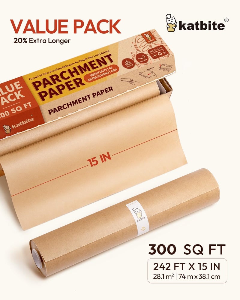 katbite Unbleached Parchment Paper Roll, 15in x 242ft, 300 Sq.Ft, Non-Stick with Serrated Cutter for Baking, Cooking, Air Fryer - Image 2