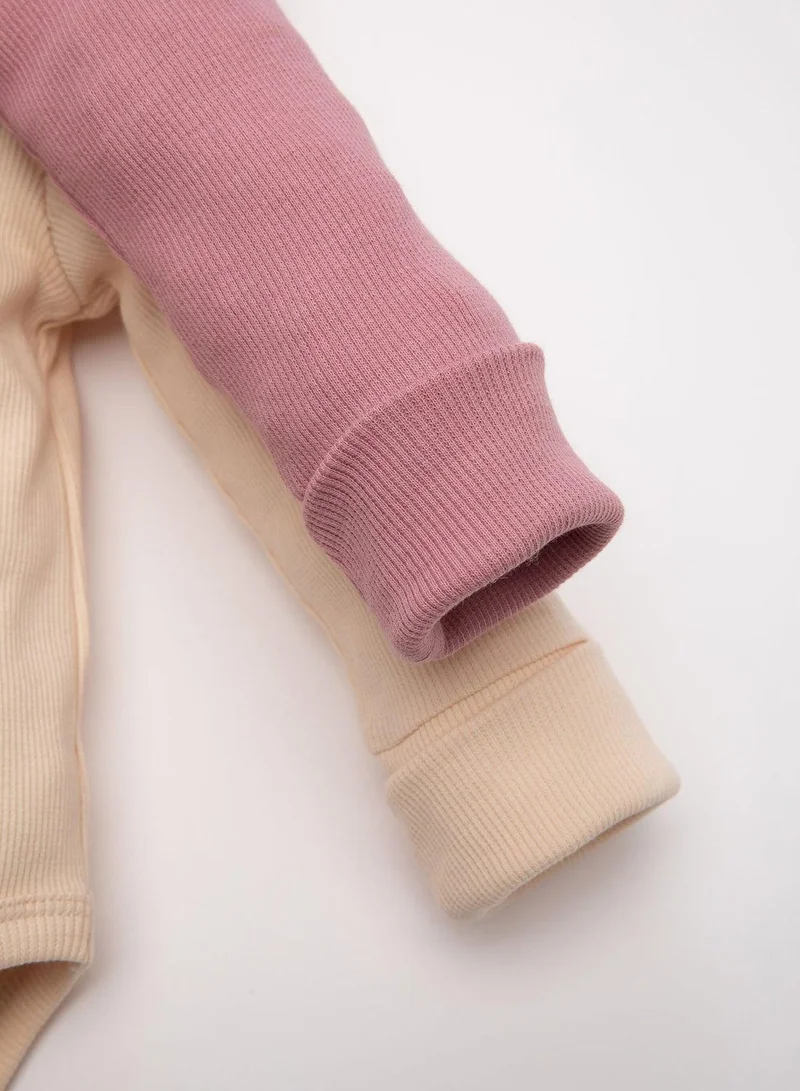 DeFacto  Newborn Beige Snap-Up Foldover Collar Ribbed 2-Piece Long Sleeve Bodysuit  | Best Price UAE