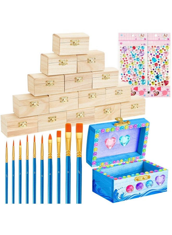 لينوزين Leinuosen 15 صندوقًا خشبيًا صغيرًا بأغطية مفصلية 3.5 × 2.2 × 1.9 بوصة صندوق كنز خشبي غير مكتمل 10 قطع من فرش الطلاء مع ورقتين من أحجار الراين الحرفية ذاتية اللصق ملصقات - Image 1