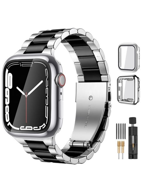 Compatible for Apple Watch Band 44mm 45mm 49mm 42mm 41mm 40mm 38mm,Solid Stainless Steel Metal iwatch Bands with 2 Pack Protective Cases for Apple Wastch Series 8 7 6 5 4 3 2 1 SE/SE2 Men Women
