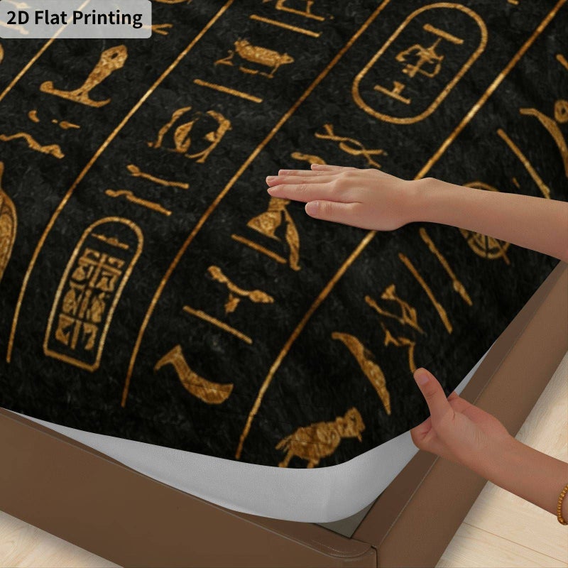 3 Pcs Egyptian Hieroglyphics Golden Black Fitted Sheet Set Mixed Colors 78.74 Inch With 2 Pillowcases Luxury Soft Bedding Mattress Protector Breathable - Image 2