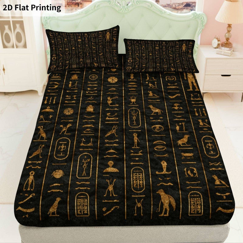 3 Pcs Egyptian Hieroglyphics Golden Black Fitted Sheet Set Mixed Colors 78.74 Inch With 2 Pillowcases Luxury Soft Bedding Mattress Protector Breathable - Image 1
