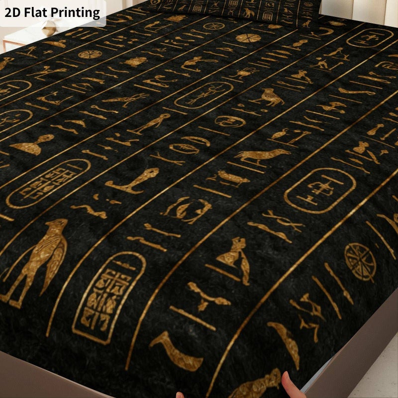 3 Pcs Egyptian Hieroglyphics Golden Black Fitted Sheet Set Mixed Colors 78.74 Inch With 2 Pillowcases Luxury Soft Bedding Mattress Protector Breathable - Image 5