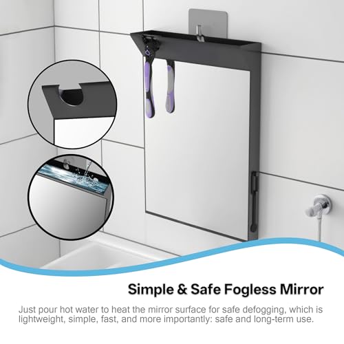 saiggnyy Wall Mount Anti Fog Mirror for Shower,Large Black Mirror for Bathroom,Hot Water Powered Defogging Shower Mirrors for Shaving for Women Makeup,Heated Makeup Mirror Hanging with Hook - Image 3