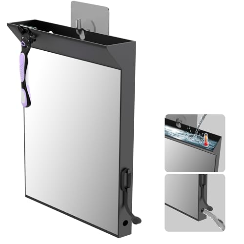 saiggnyy Wall Mount Anti Fog Mirror for Shower,Large Black Mirror for Bathroom,Hot Water Powered Defogging Shower Mirrors for Shaving for Women Makeup,Heated Makeup Mirror Hanging with Hook - Image 1