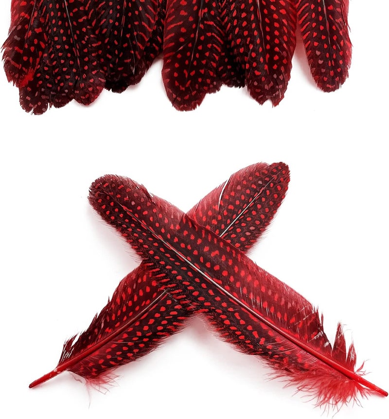 HAPPY FEATHER 6-9 inch Natural Guinea Wing Plumage Feather for DIY Craft, Jewelry and Clothing Decoration Pack of 20-Red - Image 3
