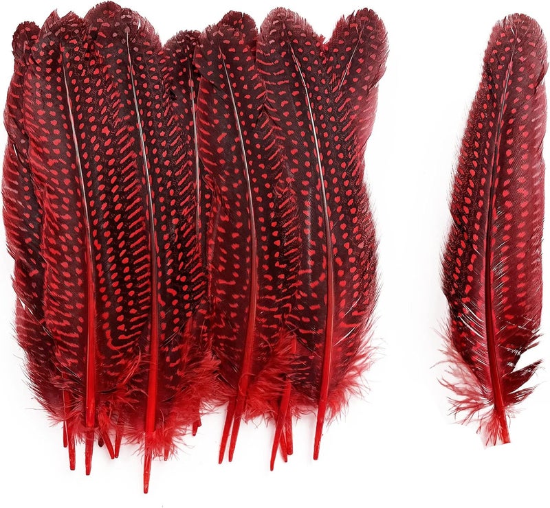 HAPPY FEATHER 6-9 inch Natural Guinea Wing Plumage Feather for DIY Craft, Jewelry and Clothing Decoration Pack of 20-Red - Image 1
