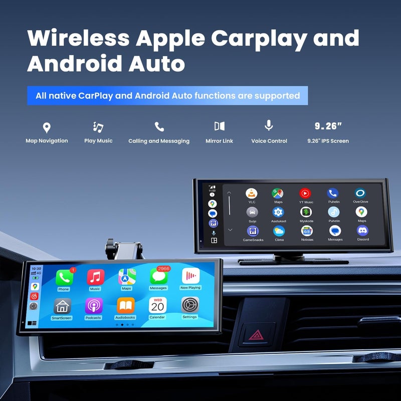 Krunia 9.26" Wireless Portable Car Play Screen for Apple CarPlay & Android Auto with Backup Camera and GPS Navigation - Image 2
