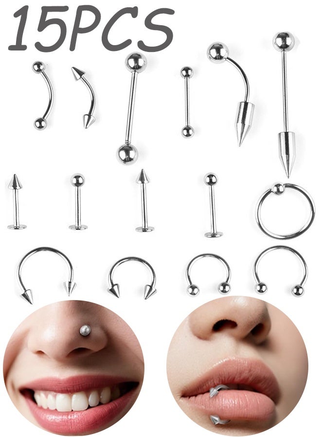 15 Pcs Stainless Steel Body Piercing Jewelry Set Versatile Rings  Studs for Nose Lip Ear Belly Button  More Hypoallergenic  Stylish Piercing Kit for Women Men  for Daily Wear Parties Street Style Looks Gift Giving - Image 1