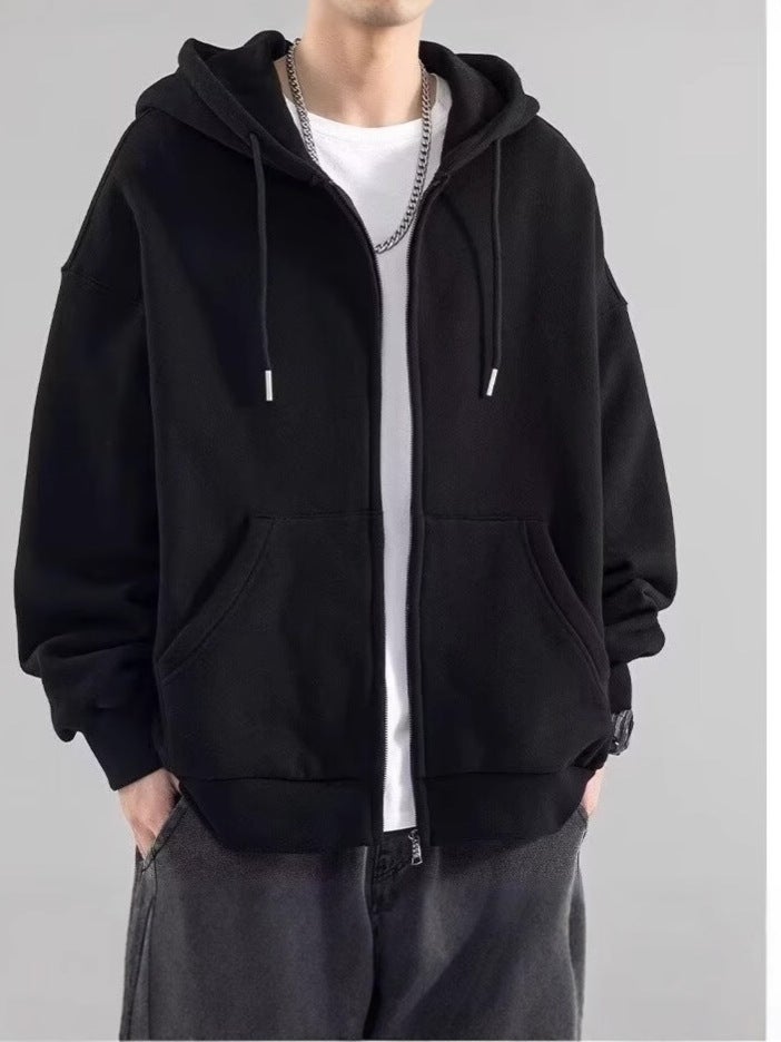 Men'S Plus Size Fleece-Lined Loose Casual Solid Color Sweater Jacket Zipper Hooded Cardigan Sweater Fashion - Image 1