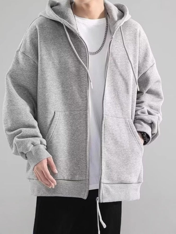 Men'S Plus Size Fleece-Lined Loose Casual Solid Color Sweater Jacket Zipper Hooded Cardigan Sweater Fashion - Image 2