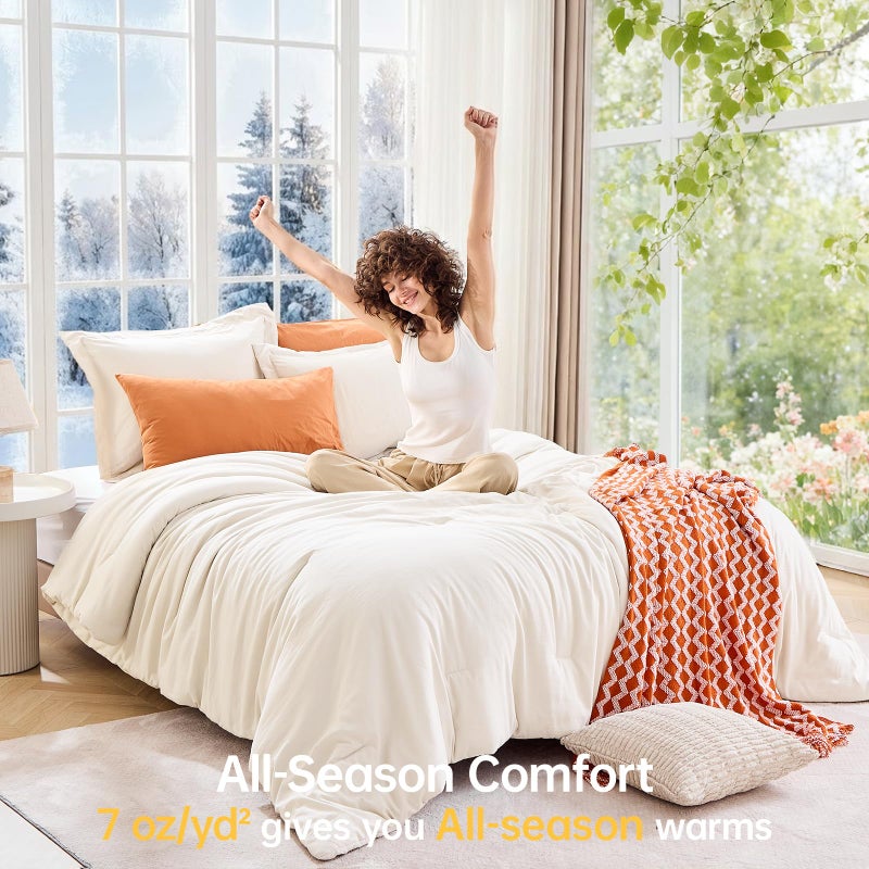 MUXHOMO Queen Comforter Set, All Season Ultra Soft Down Alternative Bedding - 3 Piece Lightweight Bed Set Includes 1 Comforter (90"x90") and 2 Pillow Shams (20"x26"), Ivory - Image 4