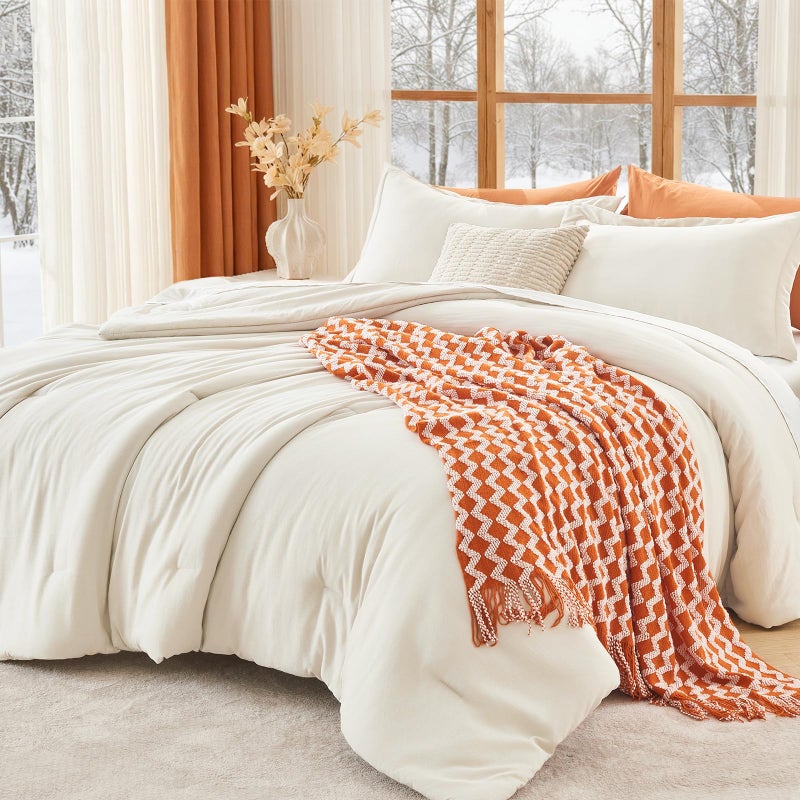MUXHOMO Queen Comforter Set, All Season Ultra Soft Down Alternative Bedding - 3 Piece Lightweight Bed Set Includes 1 Comforter (90"x90") and 2 Pillow Shams (20"x26"), Ivory - Image 1