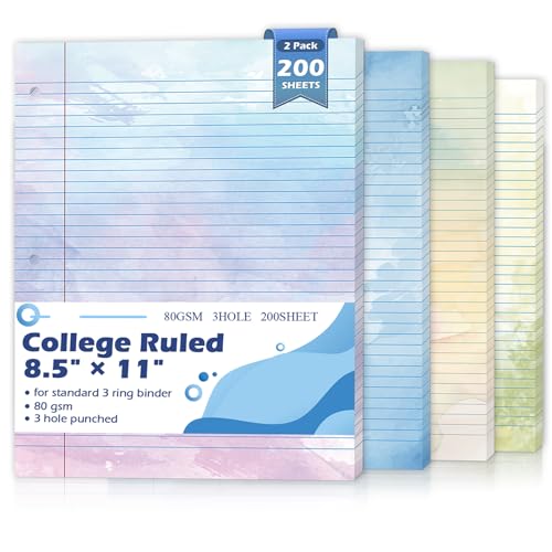OKWUYiK 200 Sheets Letter Size Colored Loose Leaf Paper College Ruled For 3-Ring Binder 8.5" × 11" Colored Lined Filler Notebook Paper College Ruled Notepad 3-Hole Punched Watercolor 80gsm For School Office - Image 1