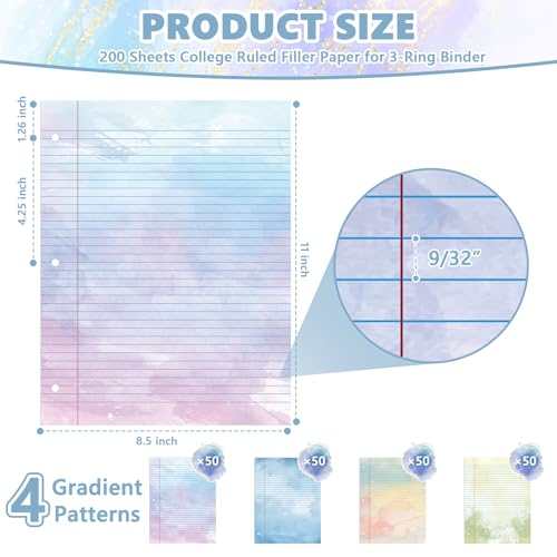 OKWUYiK 200 Sheets Letter Size Colored Loose Leaf Paper College Ruled For 3-Ring Binder 8.5" × 11" Colored Lined Filler Notebook Paper College Ruled Notepad 3-Hole Punched Watercolor 80gsm For School Office - Image 2