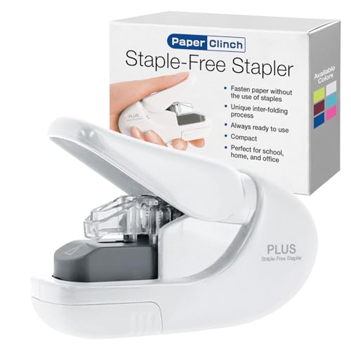 PLUS Paper Clinch Compact Staple-Free Stapler – Ivory White | Fastens up to 5 Sheets, Eco-Friendly, Safe for Kids, Lightweight & Portable for Home, School, or Office - Image 1