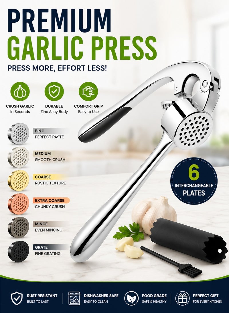 Premium Garlic Press, Garlic Mincer Set with Silicone Roller Peeler & Cleaning Brush, Easy to Squeeze and Clean, Rust Proof & Dishwasher Safe, Professional Efficient Ginger Crusher - Image 1