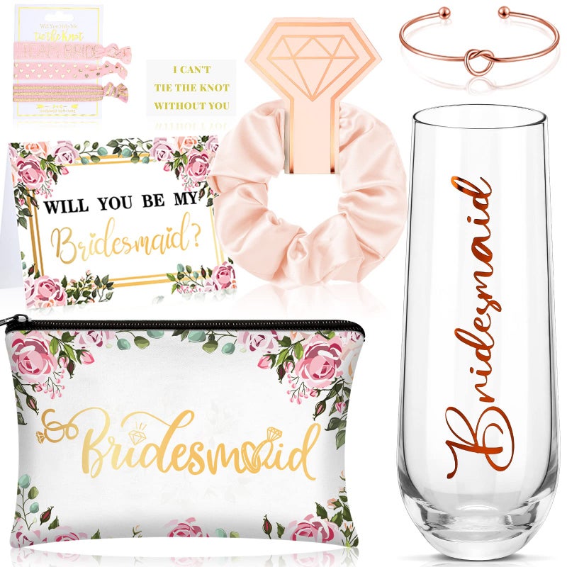 Geyee مجموعة هدايا اقتراح وصيفات العروس 9 قطع هل ستكونين وصيفة العروس؟ صندوق هدية وصيفة الشرف يتضمن كأس شامبانيا حقيبة مكياج سوار للخطوبة الزفاف حفلة توديع العزوبية