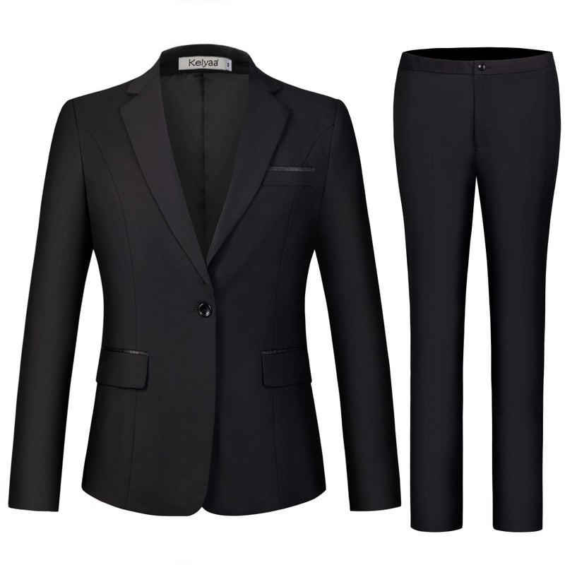 Kelyaa Women's 2 Pieces Suit Notched Lapel One Button Slim Fit Business Office Work Tuxedo Blazer Pants Set Black - Image 2